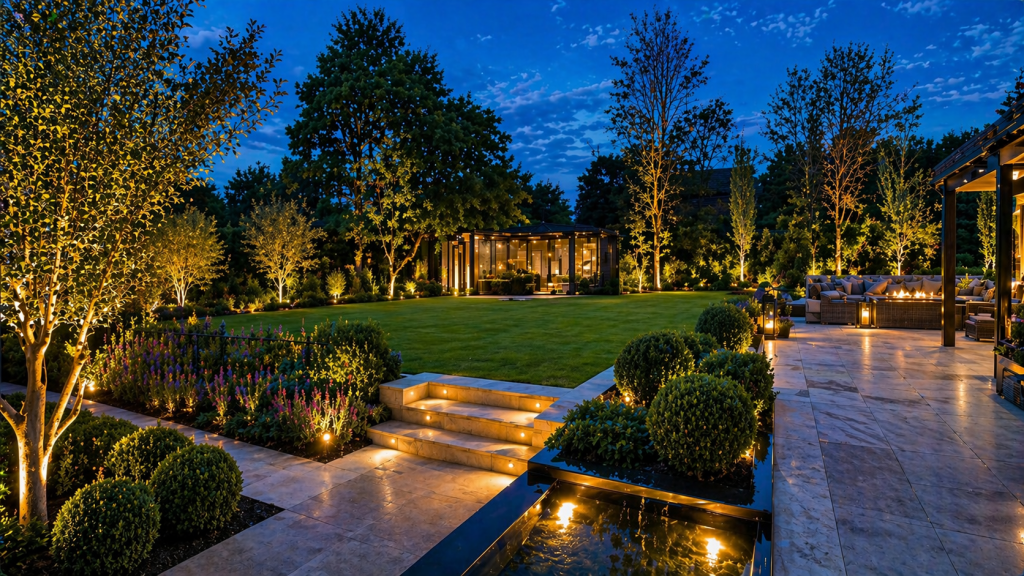 Landscaped garden at dusk with illuminated trees, lawn and stone steps by Garden Glow