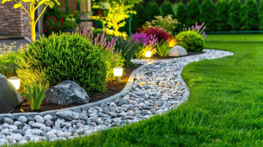 Landscaped garden border with path lights and illuminated shrubs by Garden Glow