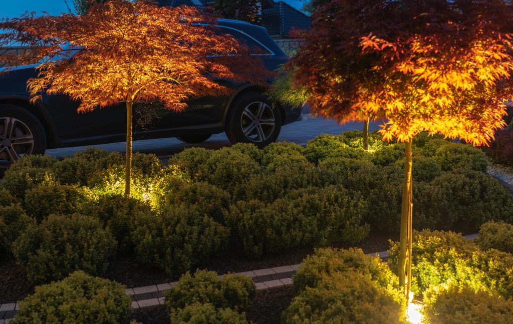 Front yard garden and the driveway illuminated by Garden Glow