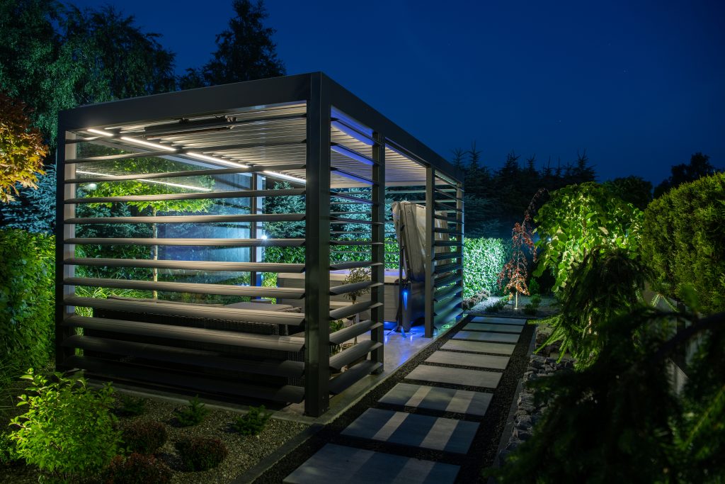 Modern backyard spa shelter bower – garden lighting in Kent
