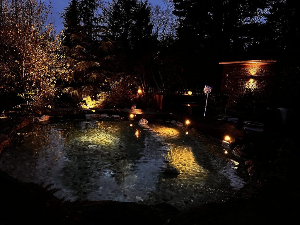 Koi pond with underwater lighting in a Sevenoaks garden